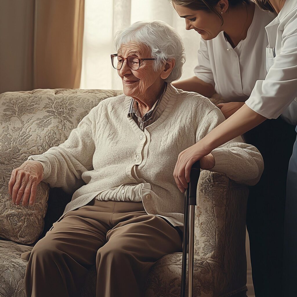 woman sits couch with nurse background 946538 13222