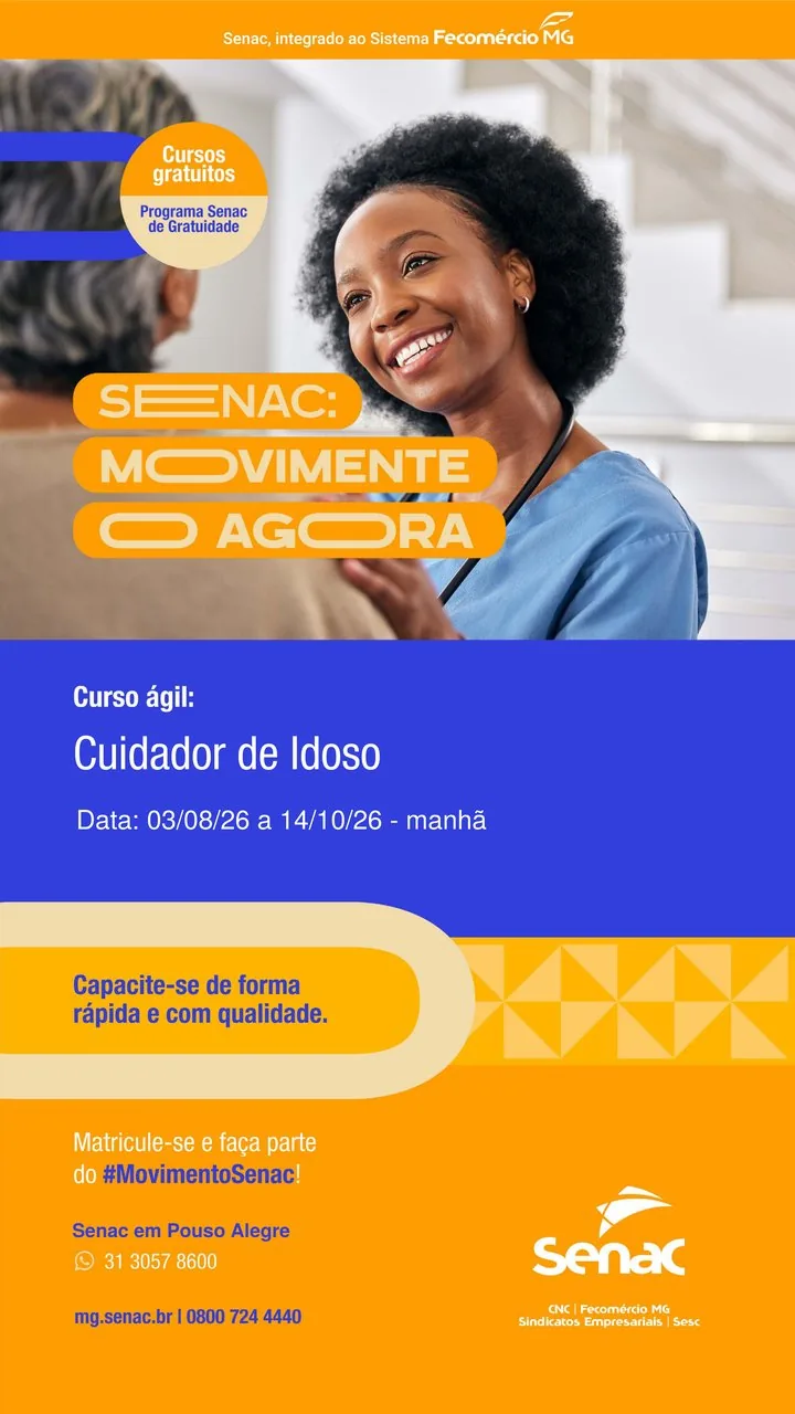 Senac: Movimente o Agora — Curso ágil Cuidador de Idoso, cursos gratuitos, matrículas abertas